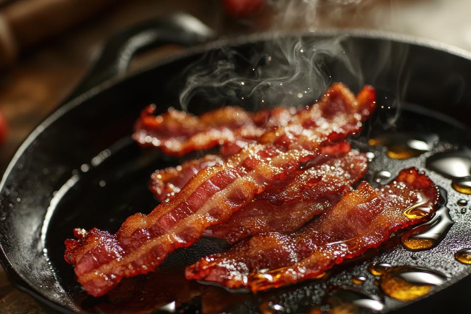 Crispy bacon sizzling in a black cast iron skillet, with visible